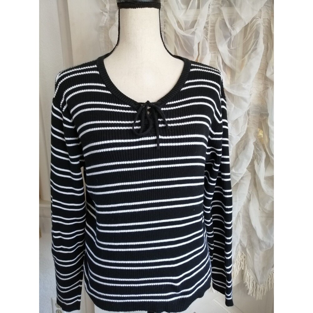 liz Claiborne Women L Blouse Top Cotton Black White Stripe Ribbed Long Sleeve